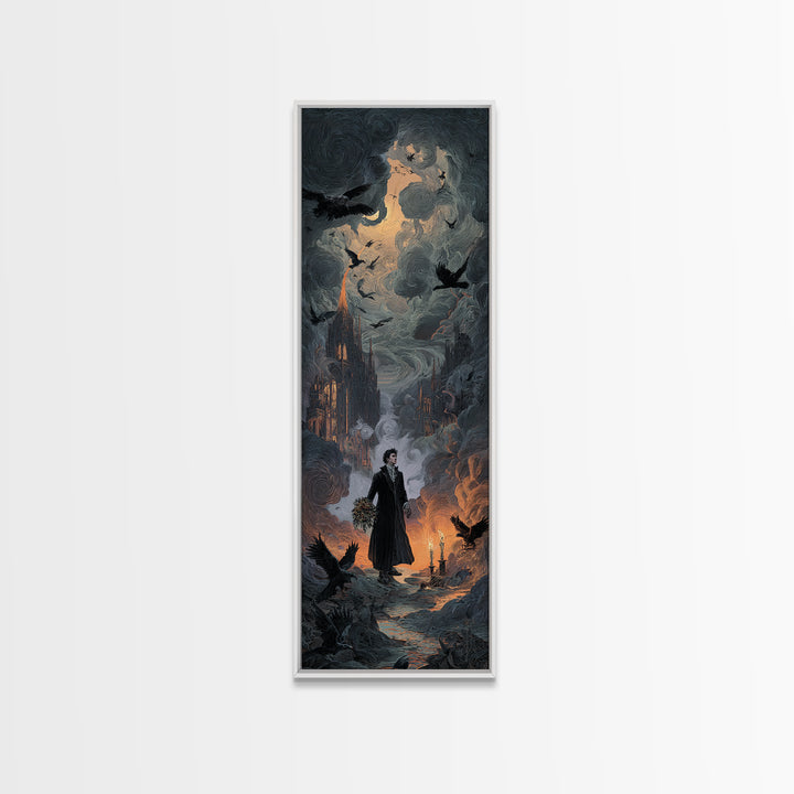 The Ghostly Groom, Apocalyptic Romantic Art, Tall Narrow Wall Art, Dark Halloween Decor, Framed Canvas Print, Halloween Wall Art