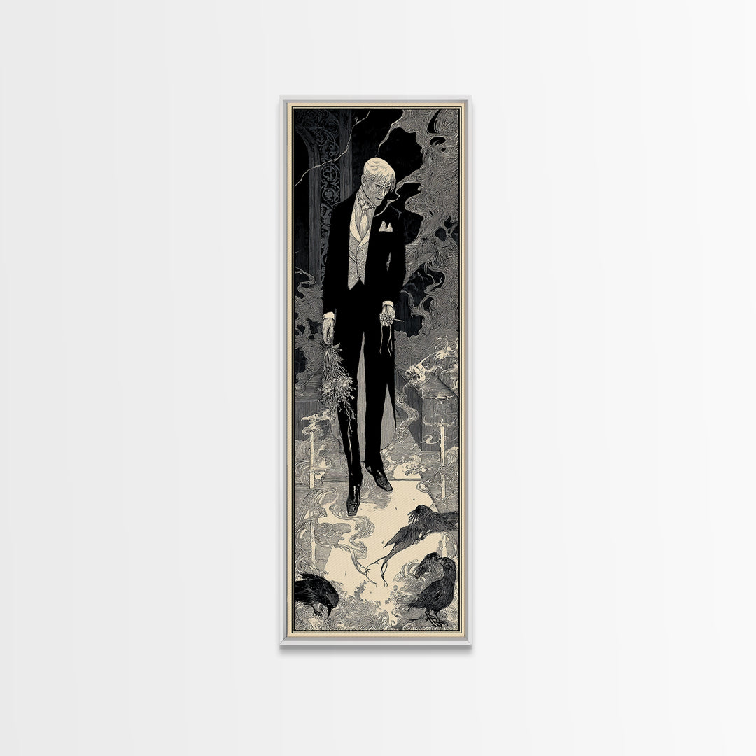 The Ghostly Groom, Decadent Line Art, Tall Narrow Wall Art, Dark Fantasy Wall Art, Framed Canvas Print, Halloween Wall Art
