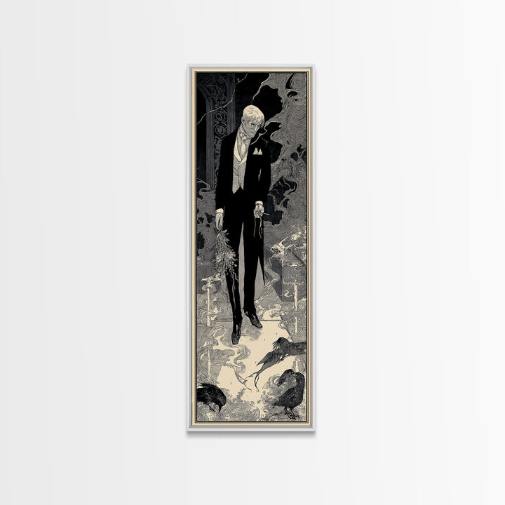 The Ghostly Groom, Decadent Line Art, Tall Narrow Wall Art, Dark Fantasy Wall Art, Framed Canvas Print, Halloween Wall Art
