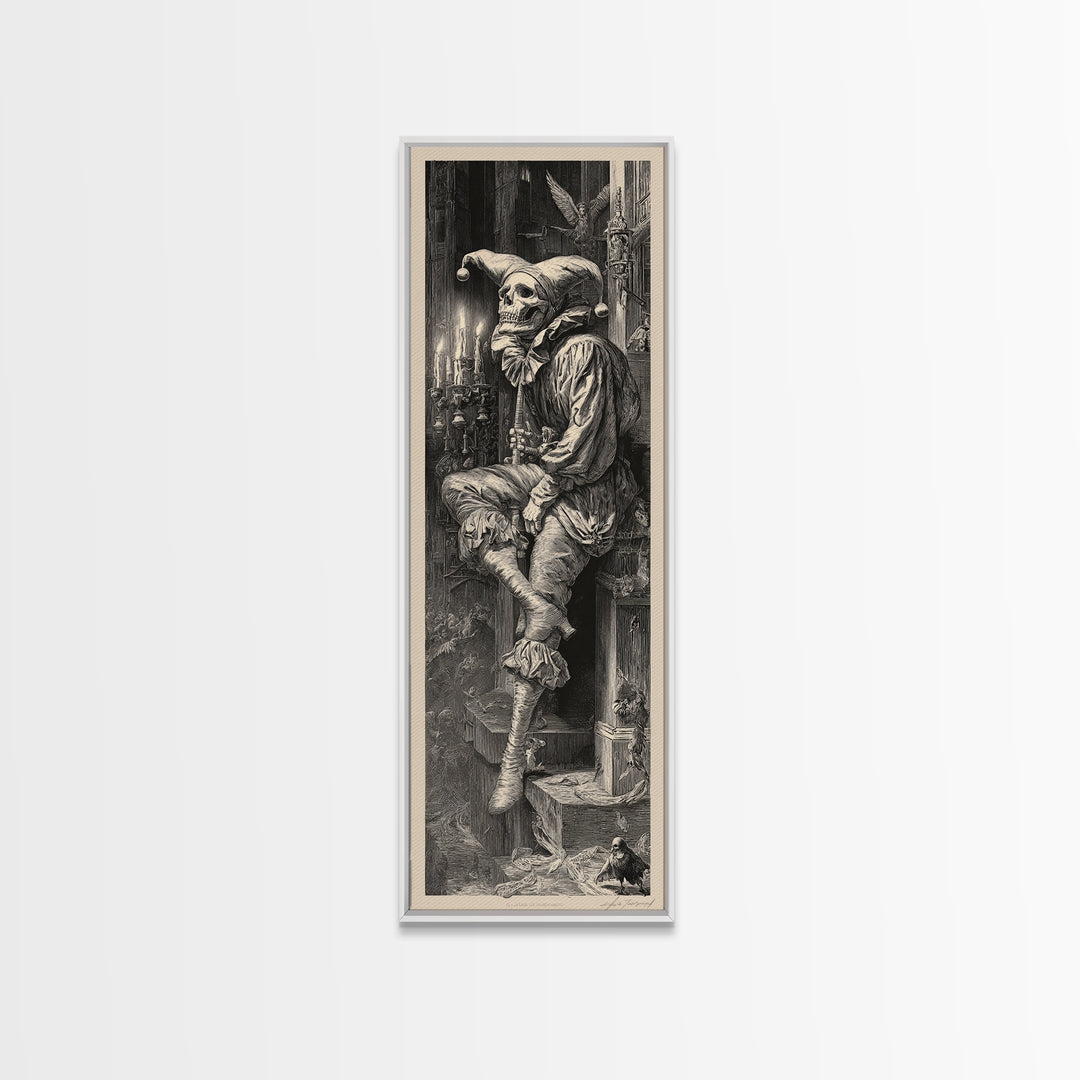 The Phantom Jester, Gothic Engraving Art, Tall Narrow Wall Art, Dark Fantasy Wall Art, Framed Canvas Print, Halloween Wall Art