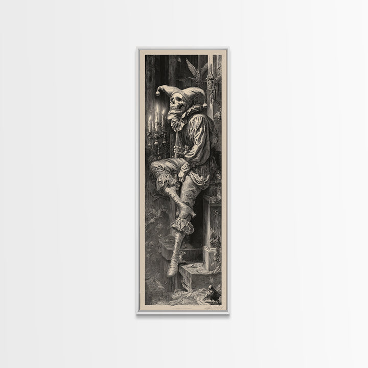 The Phantom Jester, Gothic Engraving Art, Tall Narrow Wall Art, Dark Fantasy Wall Art, Framed Canvas Print, Halloween Wall Art