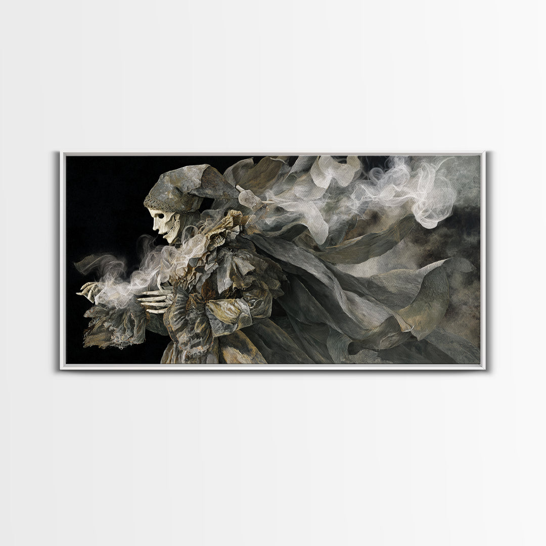 The Phantom Jester, Visionary Gothic Art, Wide Panoramic Art, Macabre Wall Art, Framed Canvas Print, Halloween Wall Art