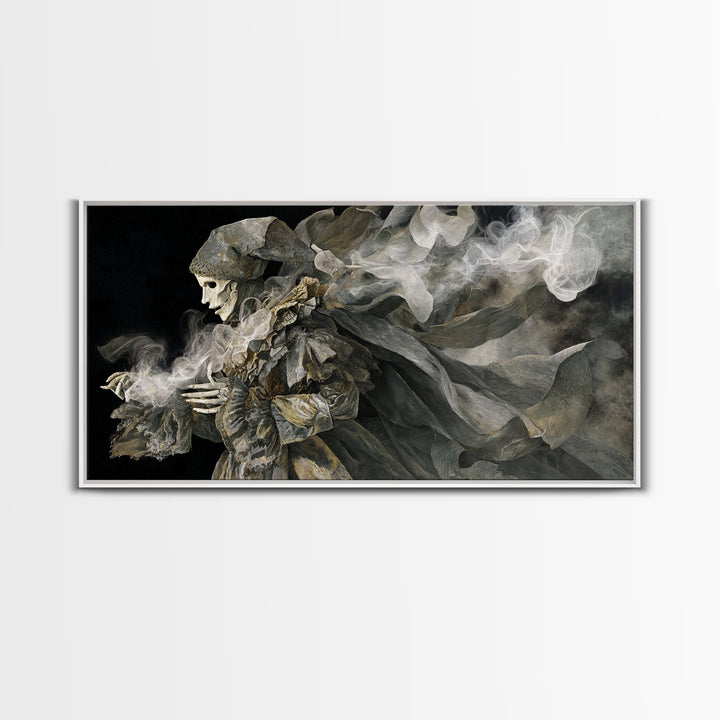 The Phantom Jester, Visionary Gothic Art, Wide Panoramic Art, Macabre Wall Art, Framed Canvas Print, Halloween Wall Art