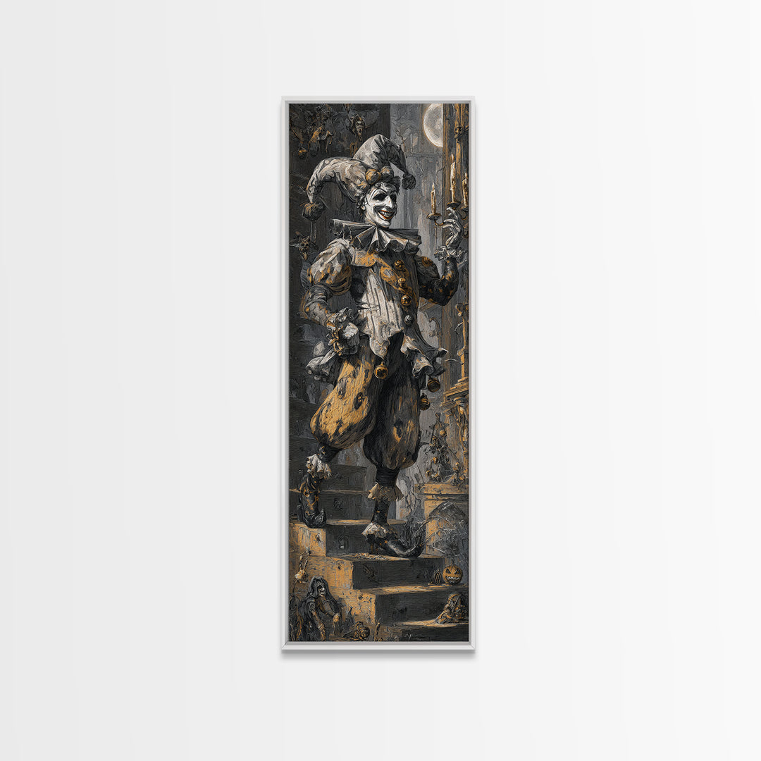The Phantom Jester, Architectural Etching Art, Tall Narrow Wall Art, Gothic Horror Wall Art, Framed Canvas Print