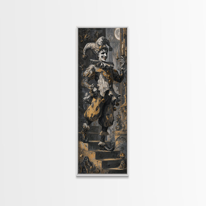 The Phantom Jester, Architectural Etching Art, Tall Narrow Wall Art, Gothic Horror Wall Art, Framed Canvas Print