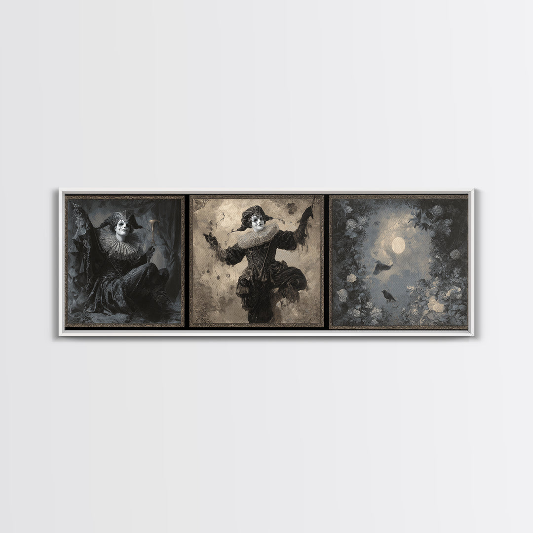 The Phantom Jester, Symbolist Dream Art, Extra Wide Wall Art, Macabre Wall Art, Framed Canvas Print, Halloween Wall Art