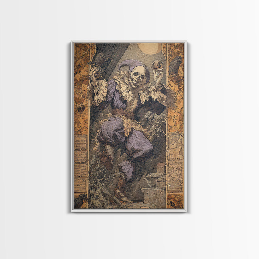 The Phantom Jester, Symbolist Etching Art, Vertical Wall Art, Dark Halloween Decor, Framed Canvas Print, Halloween Wall Art