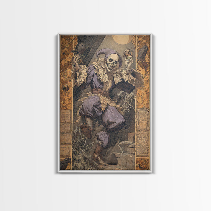 The Phantom Jester, Symbolist Etching Art, Vertical Wall Art, Dark Halloween Decor, Framed Canvas Print, Halloween Wall Art