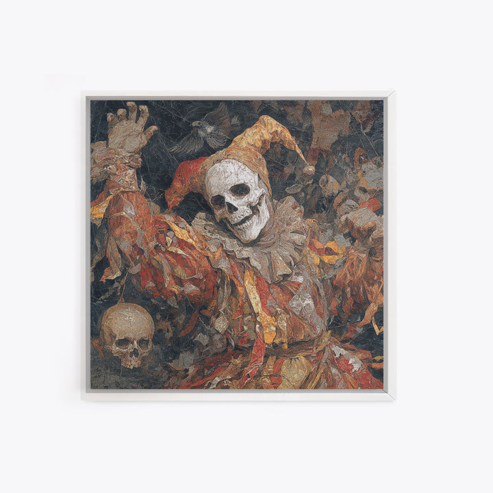 The Phantom Jester, Grotesque Carnival Art, Square Wall Art, Macabre Wall Art, Framed Canvas Print, Halloween Wall Art, Halloween Decor