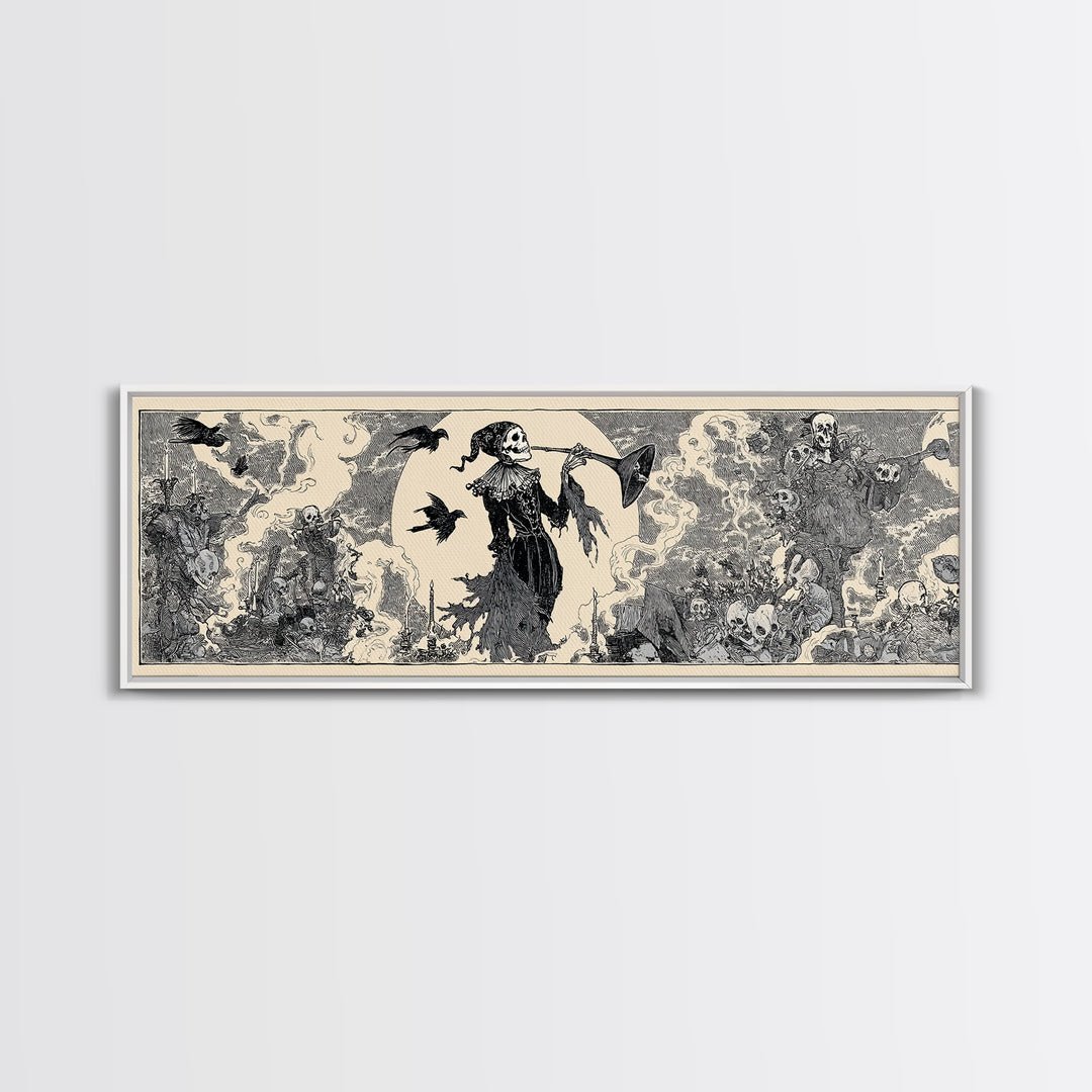 The Phantom Jester, Decadent Line Art, Extra Wide Wall Art, Gothic Horror Wall Art, Framed Canvas Print, Halloween Wall Art