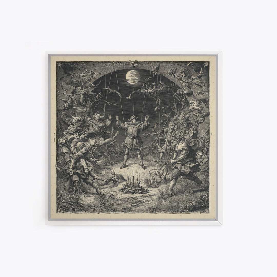 The Marionette Master, Renaissance Engraving Art, Square Wall Art, Dark Halloween Decor, Framed Canvas Print, Halloween Wall Art