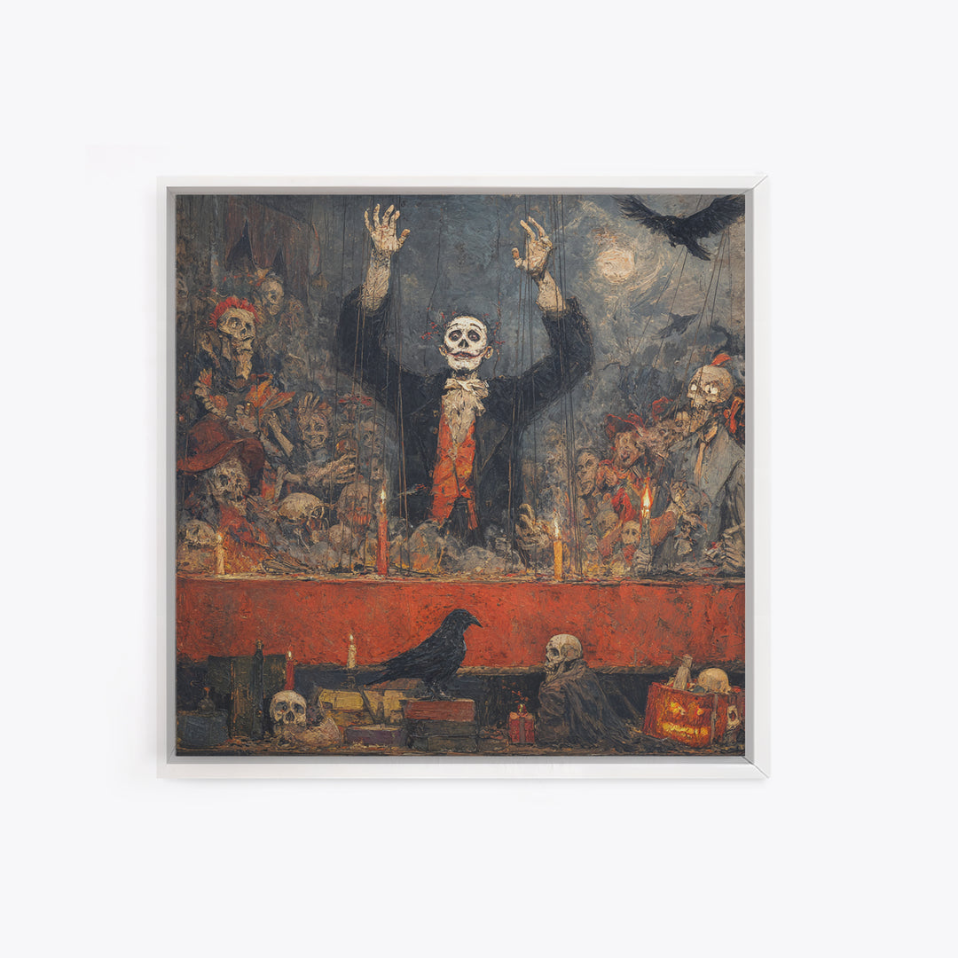 The Marionette Master, Grotesque Carnival Art, Square Wall Art, Dark Halloween Decor, Framed Canvas Print, Halloween Wall Art