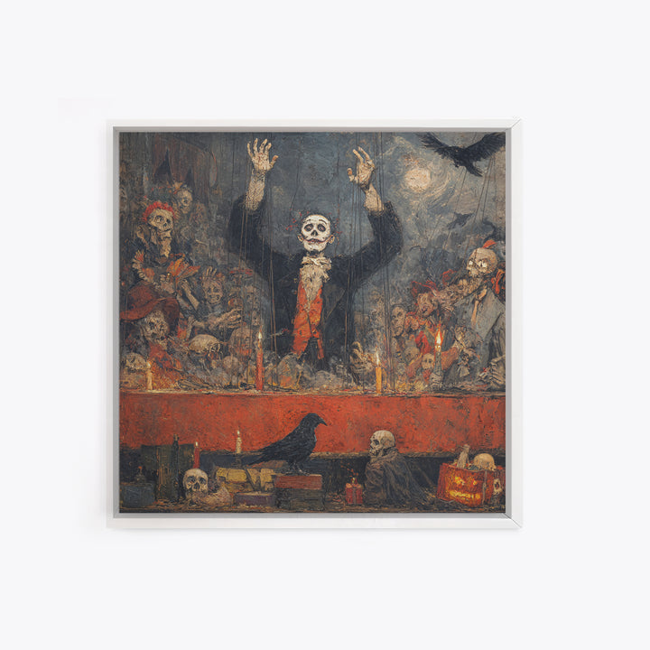 The Marionette Master, Grotesque Carnival Art, Square Wall Art, Dark Halloween Decor, Framed Canvas Print, Halloween Wall Art