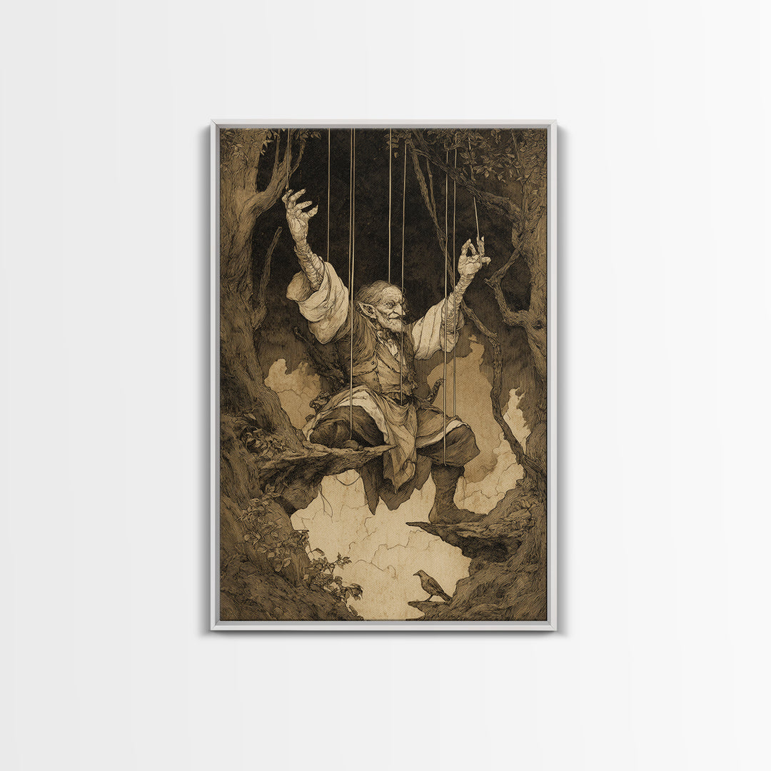 The Marionette Master, Gothic Storybook Art, Vertical Wall Art, Gothic Horror Wall Art, Canvas Print, Halloween Wall Art