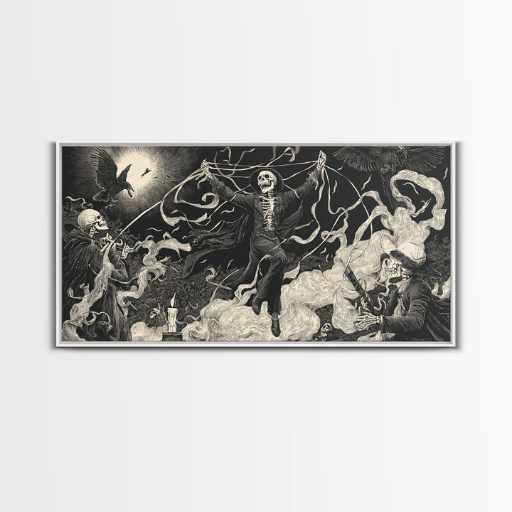 The Marionette Master, Macabre Folk Print Art, Wide Panoramic Art, Dark Halloween Decor, Framed Canvas Print, Halloween Wall Art