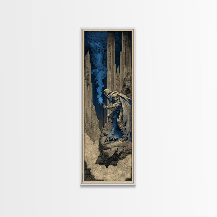 The Spectral Knight, Gothic Engraving Art, Tall Narrow Wall Art, Dark Halloween Decor, Canvas Print, Halloween Wall Art