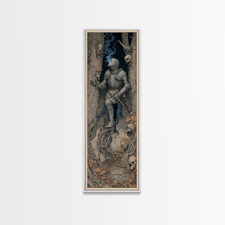 The Spectral Knight, Gothic Storybook Art, Tall Narrow Wall Art, Gothic Horror Wall Art, Framed Canvas Print, Halloween Wall Art