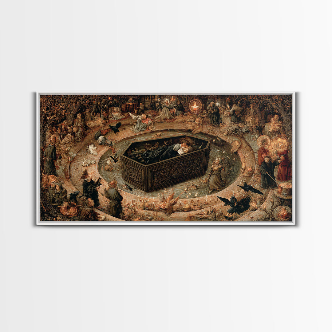 The Coffin Sleeper, Northern Renaissance Horror, Wide Panoramic Art, Dark Halloween Decor, Canvas Print, Halloween Wall Art
