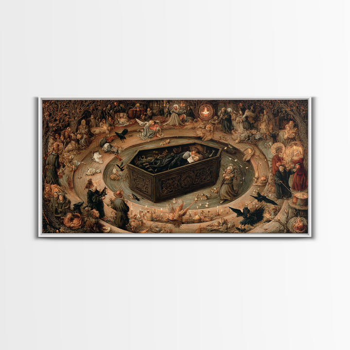 The Coffin Sleeper, Northern Renaissance Horror, Wide Panoramic Art, Dark Halloween Decor, Canvas Print, Halloween Wall Art