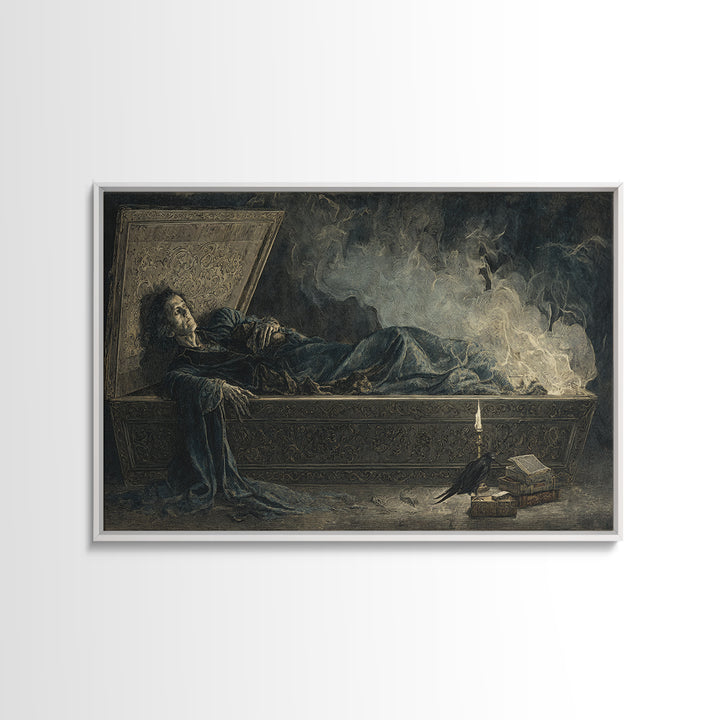 The Coffin Sleeper, Visionary Gothic Art, Wide Panoramic Art, Dark Fantasy Wall Art, Framed Canvas Print, Halloween Wall Art