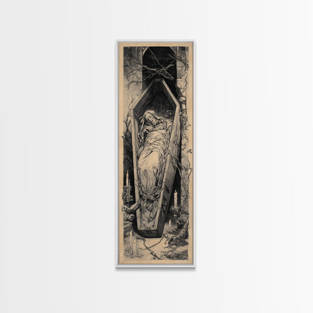 The Coffin Sleeper, Architectural Etching Art, Tall Narrow Wall Art, Gothic Horror Wall Art, Canvas Print, Halloween Wall Art