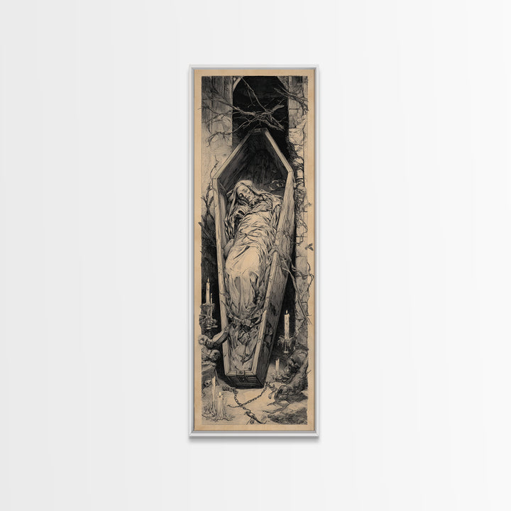 The Coffin Sleeper, Architectural Etching Art, Tall Narrow Wall Art, Gothic Horror Wall Art, Canvas Print, Halloween Wall Art