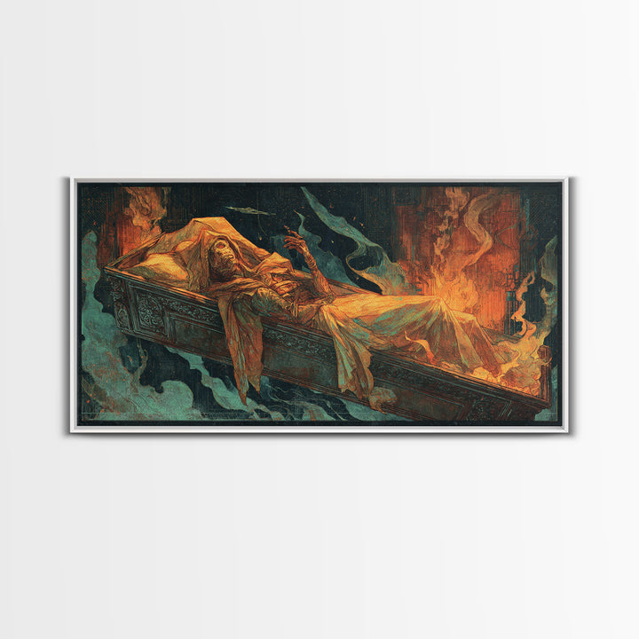 The Coffin Sleeper, Apocalyptic Romantic Art, Wide Panoramic Art, Dark Halloween Decor, Canvas Print, Halloween Wall Art, Dark Fantasy Art