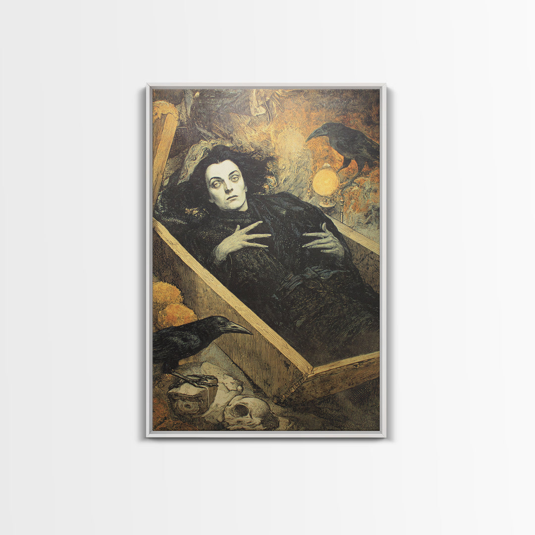 The Coffin Sleeper, Symbolist Etching Art, Vertical Wall Art, Gothic Horror Wall Art, Framed Canvas Print, Halloween Wall Art