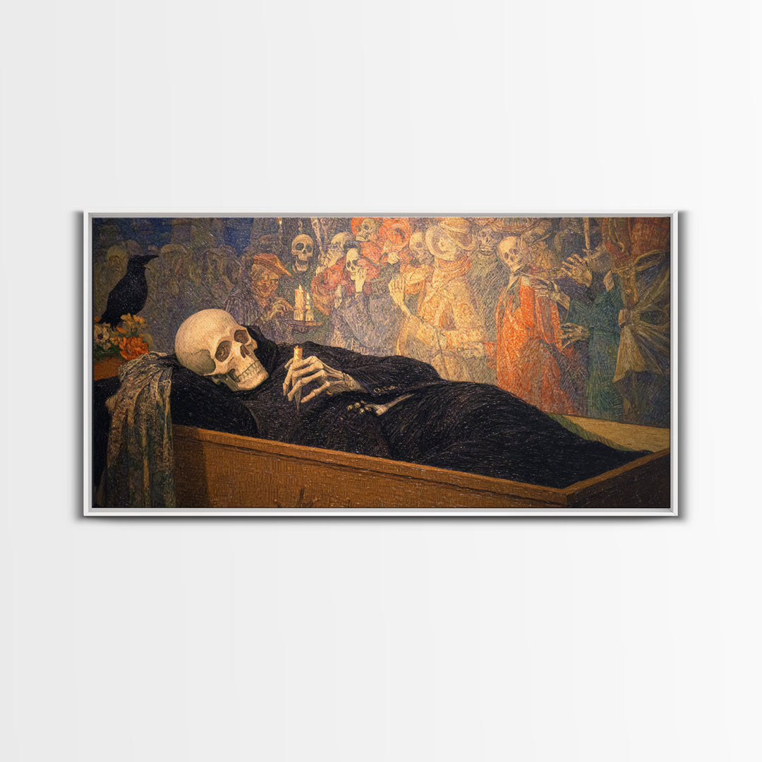 The Coffin Sleeper, Grotesque Carnival Art, Wide Panoramic Art, Dark Halloween Decor, Framed Canvas Print, Halloween Wall Art