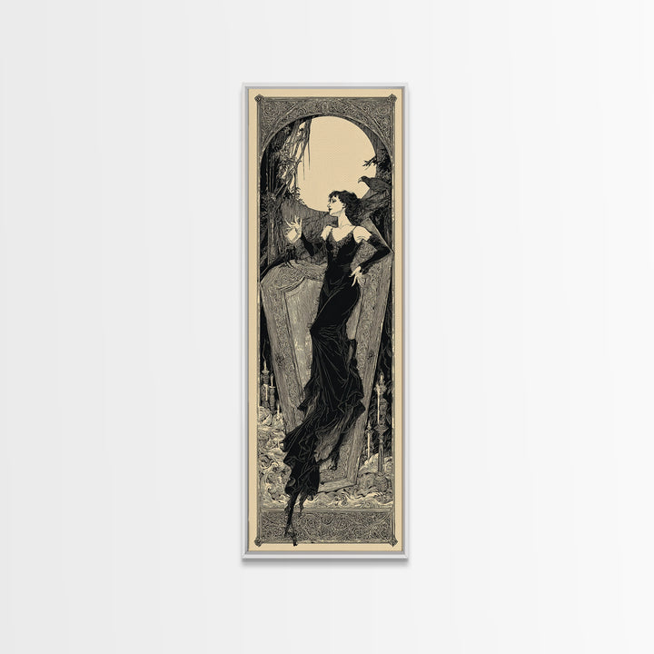 The Coffin Sleeper, Decadent Line Art, Tall Narrow Wall Art, Gothic Horror Wall Art, Canvas Print, Halloween Wall Art