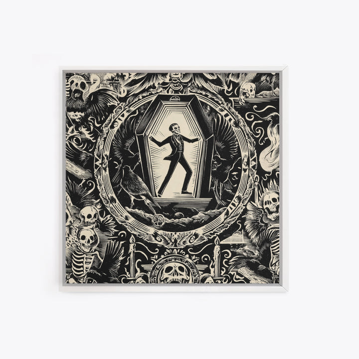 The Coffin Sleeper, Macabre Folk Print Art, Square Wall Art, Dark Halloween Decor, Canvas Print, Halloween Wall Art