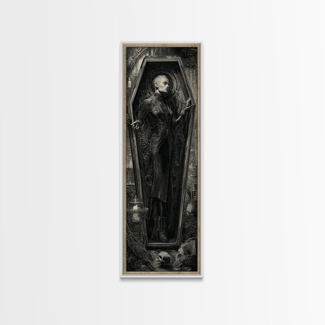 The Coffin Sleeper, Biomechanical Horror Art, Tall Narrow Wall Art, Gothic Horror Wall Art, Framed Canvas Print, Halloween Wall Art