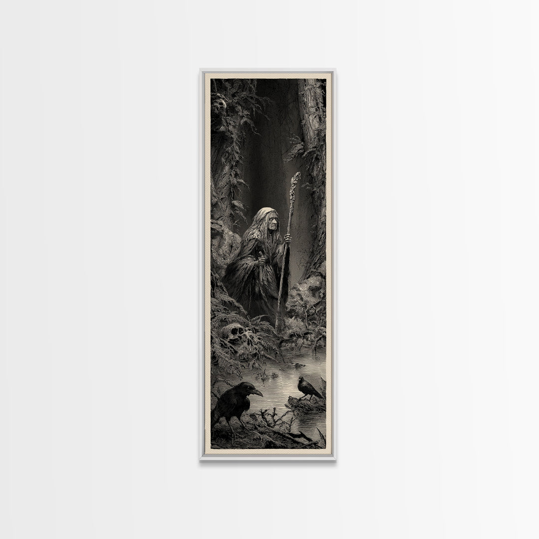 The Swamp Witch, Gothic Engraving Art, Tall Narrow Wall Art, Macabre Wall Art, Framed Canvas Print, Halloween Wall Art