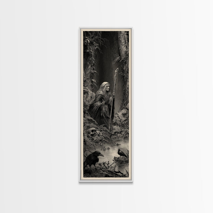 The Swamp Witch, Gothic Engraving Art, Tall Narrow Wall Art, Macabre Wall Art, Framed Canvas Print, Halloween Wall Art