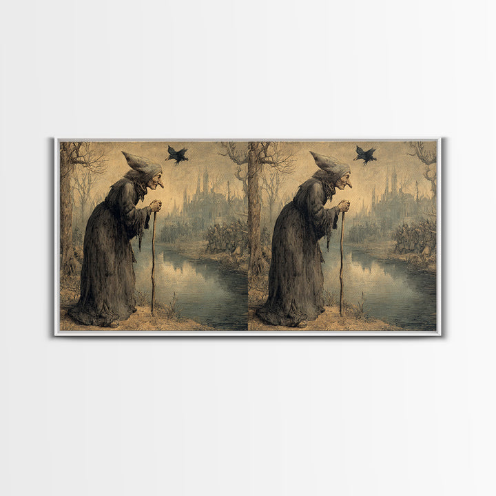 The Swamp Witch, Northern Renaissance Horror, Wide Panoramic Art, Dark Halloween Decor, Canvas Print, Halloween Wall Art