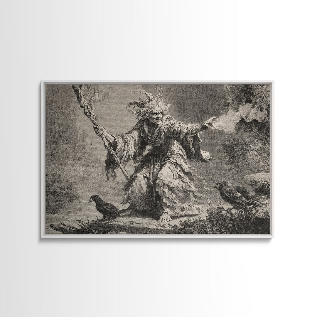 The Swamp Witch, Architectural Etching Art, Landscape Wall Art, Dark Halloween Decor, Canvas Print, Halloween Wall Art