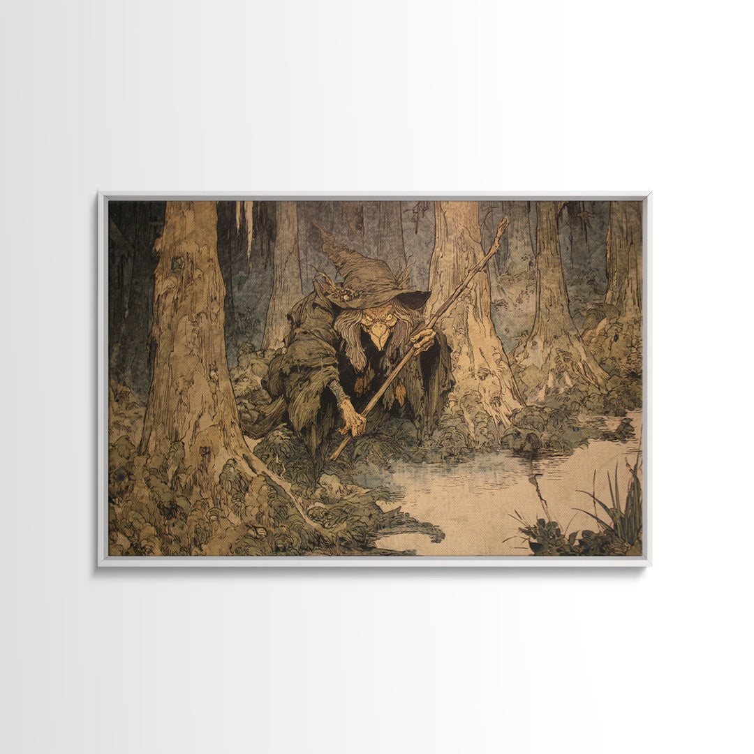 The Swamp Witch, Gothic Storybook Art, Landscape Wall Art, Dark Halloween Decor, Canvas Print, Halloween Wall Art, Macabre Wall Art