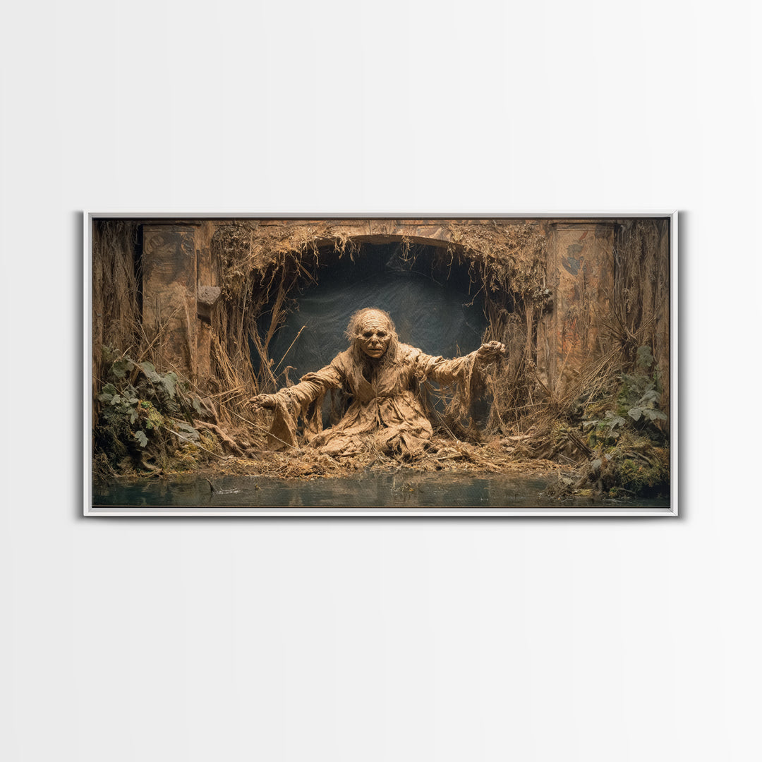 The Bog Mummy, Northern Renaissance Horror, Wide Panoramic Art, Dark Halloween Decor, Canvas Print, Halloween Wall Art