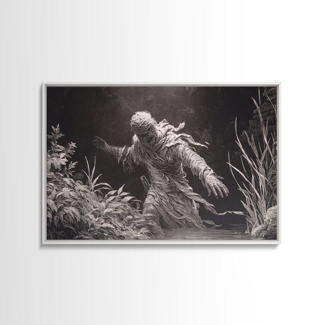 The Bog Mummy, Architectural Etching Art, Landscape Wall Art, Dark Halloween Decor, Framed Canvas Print, Halloween Wall Art