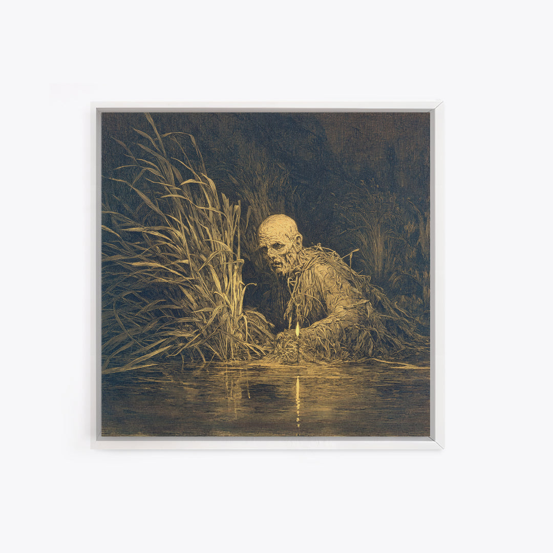 The Bog Mummy, Symbolist Etching Art, Square Wall Art, Macabre Wall Art, Framed Canvas Print, Halloween Wall Art, Seasonal Home Decor