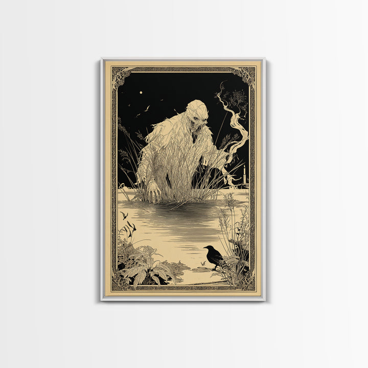 The Bog Mummy, Decadent Line Art, Vertical Wall Art, Dark Fantasy Wall Art, Framed Canvas Print, Halloween Wall Art