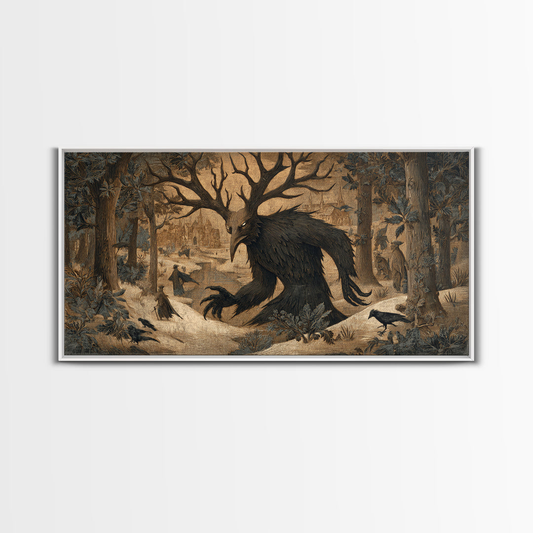 The Antlered Forest Spirit, Northern Renaissance Horror, Wide Panoramic Art, Macabre Wall Art, Canvas Print, Halloween Wall Art