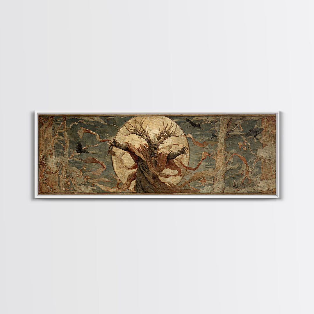 The Antlered Forest Spirit, Dark Renaissance Art, Extra Wide Wall Art, Macabre Wall Art, Canvas Print, Halloween Wall Art