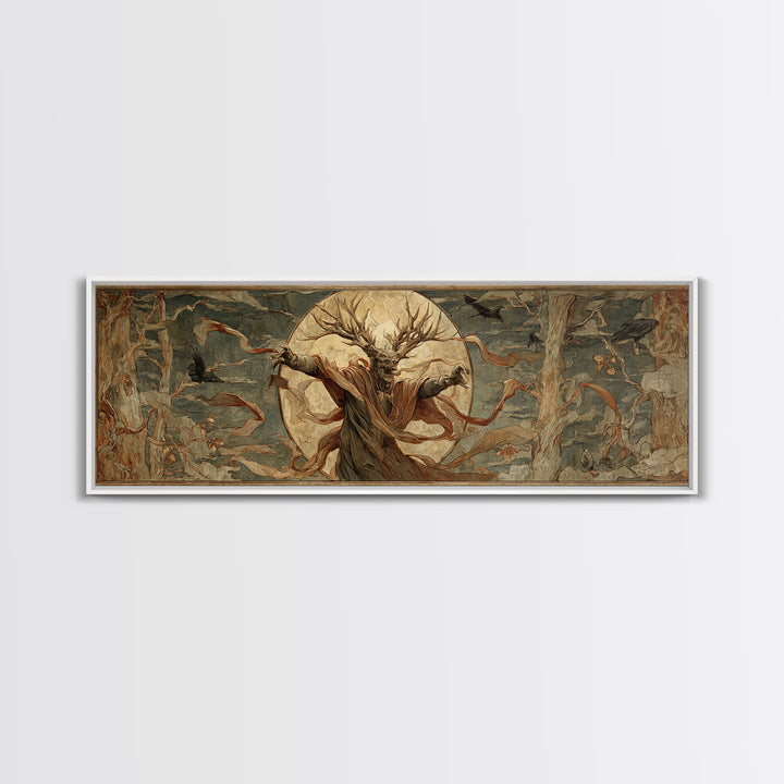 The Antlered Forest Spirit, Dark Renaissance Art, Extra Wide Wall Art, Macabre Wall Art, Canvas Print, Halloween Wall Art