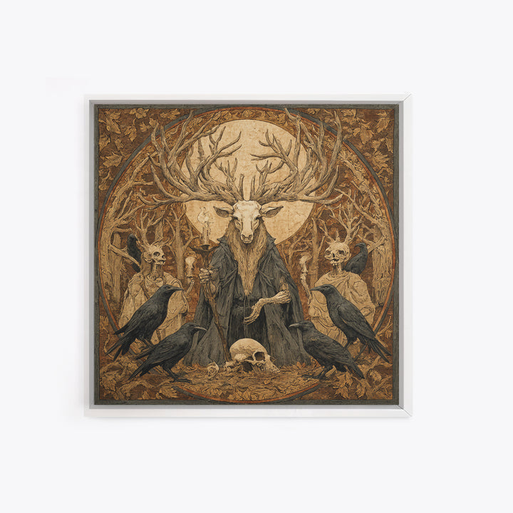 The Antlered Forest Spirit, Danse Macabre Art, Square Wall Art, Dark Halloween Decor, Framed Canvas Print