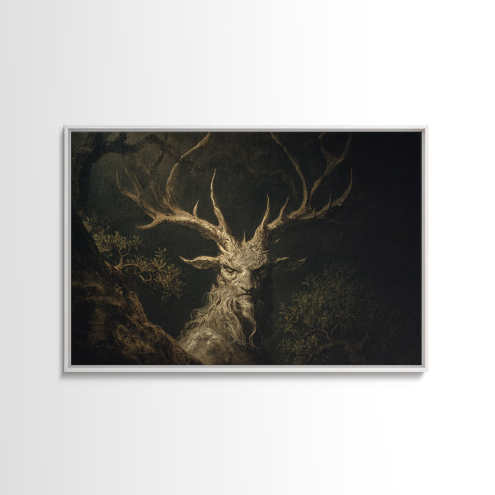 The Antlered Forest Spirit, Baroque Witchcraft Art, Landscape Wall Art, Macabre Wall Art, Framed Canvas Print, Halloween Wall Art