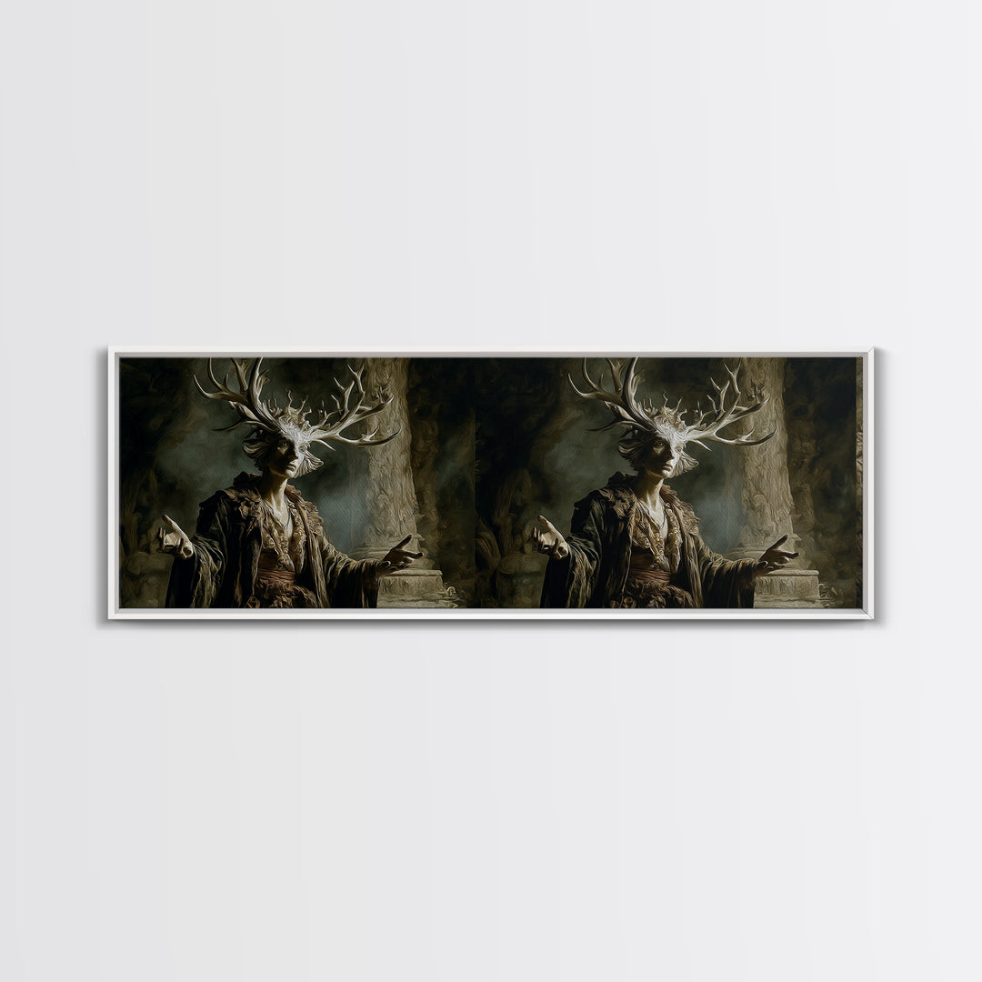 The Antlered Forest Spirit, Gothic Nightmare Art, Extra Wide Wall Art, Dark Fantasy Wall Art, Framed Canvas Print, Halloween Wall Art