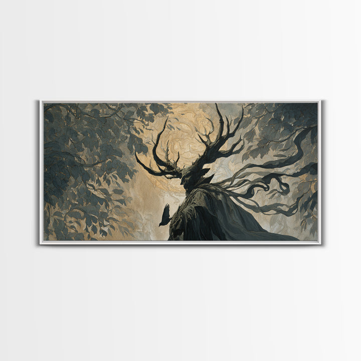 The Antlered Forest Spirit, Visionary Gothic Art, Wide Panoramic Art, Dark Fantasy Wall Art, Canvas Print, Halloween Wall Art