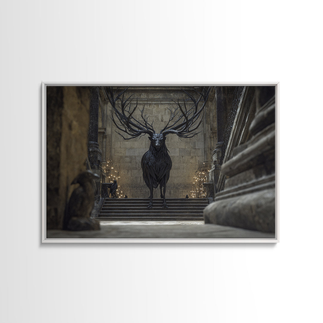 The Antlered Forest Spirit, Architectural Etching Art, Landscape Wall Art, Dark Fantasy Wall Art, Canvas Print