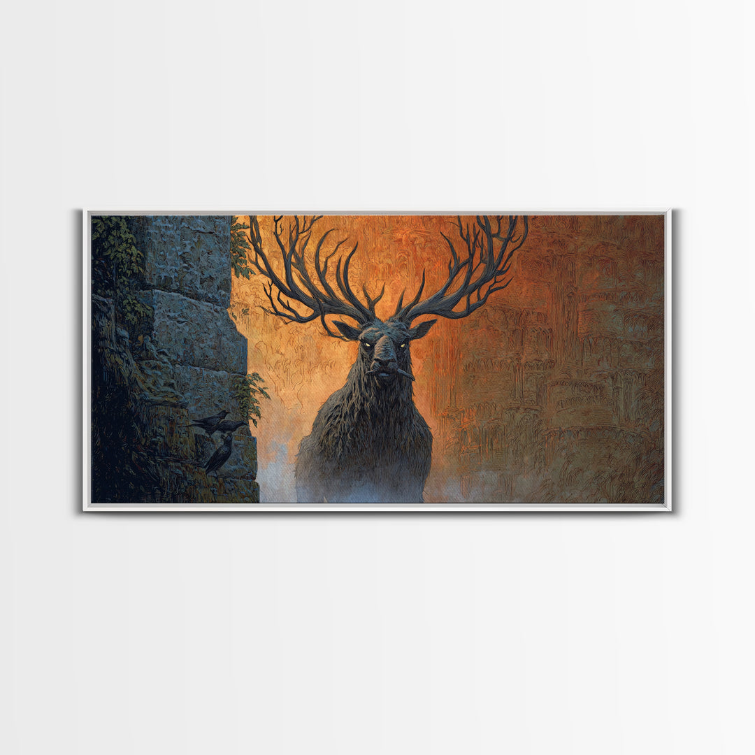 The Antlered Forest Spirit, Apocalyptic Romantic Art, Wide Panoramic Art, Gothic Horror Wall Art, Canvas Print, Halloween Wall Art